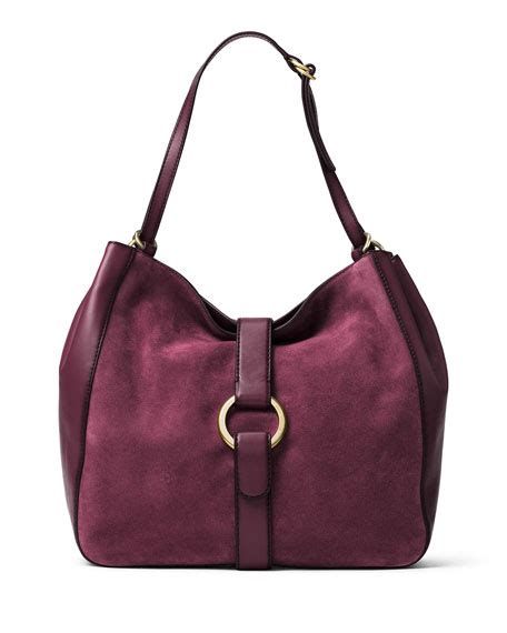 Michael Kors Quincy Large Suede Shoulder Bag Plum 13x12 